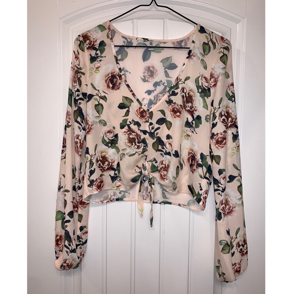 Guess Tie-Front Floral Printed Long Sleeve Blouse